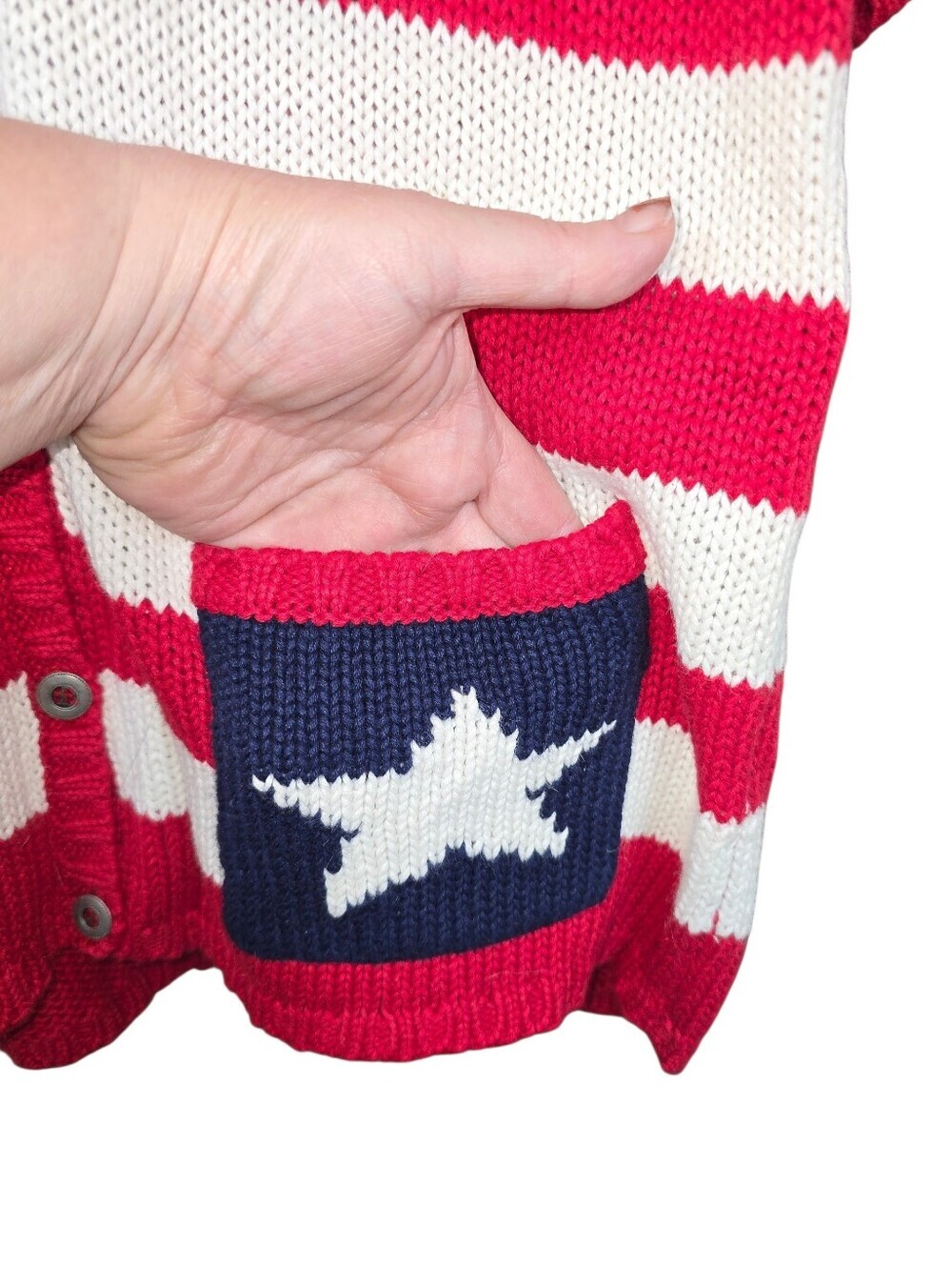 T & Company American Flag Knit V-neck Cardigan Sweater Patriotic USA Size Medium - Picture 5 of 9